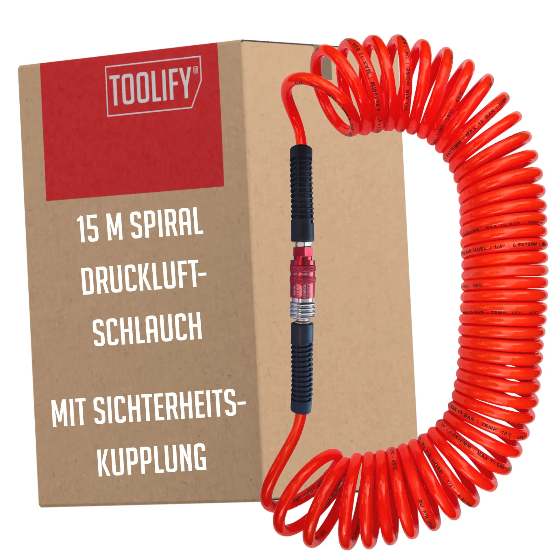 Spiral-Druckluftschlauch 15 Meter mit Sicherheitskupplung